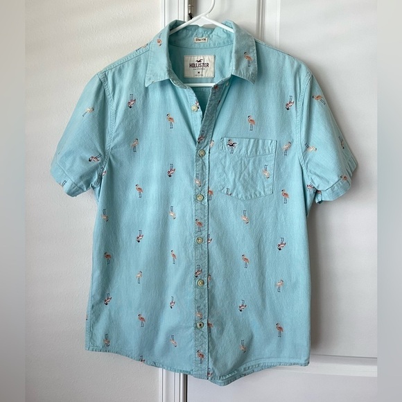 Hollister men's collared button down shirt Medium teal flamingos resortwear Prep - Picture 1 of 8
